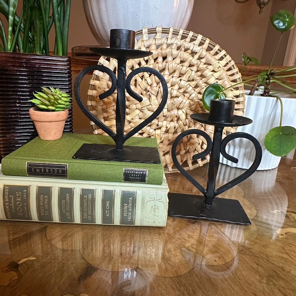 Vintage Scandinavian Wrought Iron Heart Shaped Candle Holders, Made in Norway